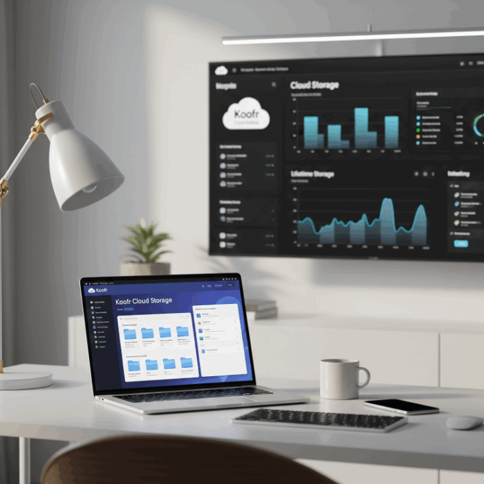 Modern workspace with Koofr Cloud Storage on laptop and screen. Modern workspace with Koofr Cloud Storage on laptop and screen Modern workspace with Koofr Cloud Storage on laptop and screen.